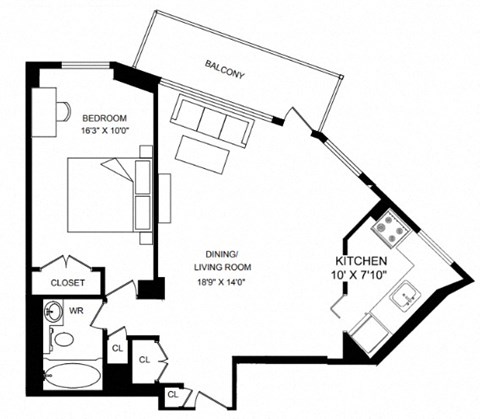 Floor plan for 1 bed, 1 bath, 713 sqft